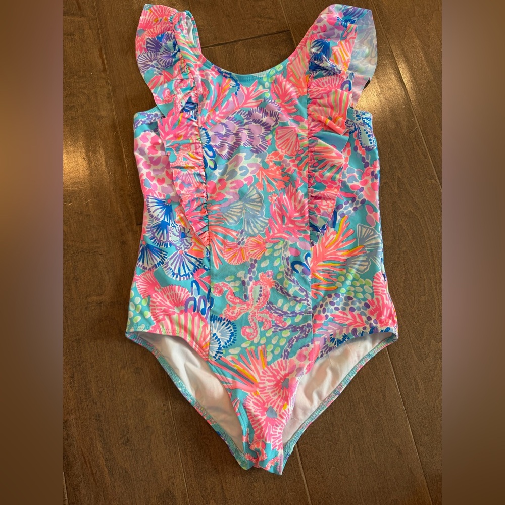 Lilly Pulitzer Girls' Pink & Aqua Ruffle One-Piece Swimsuit